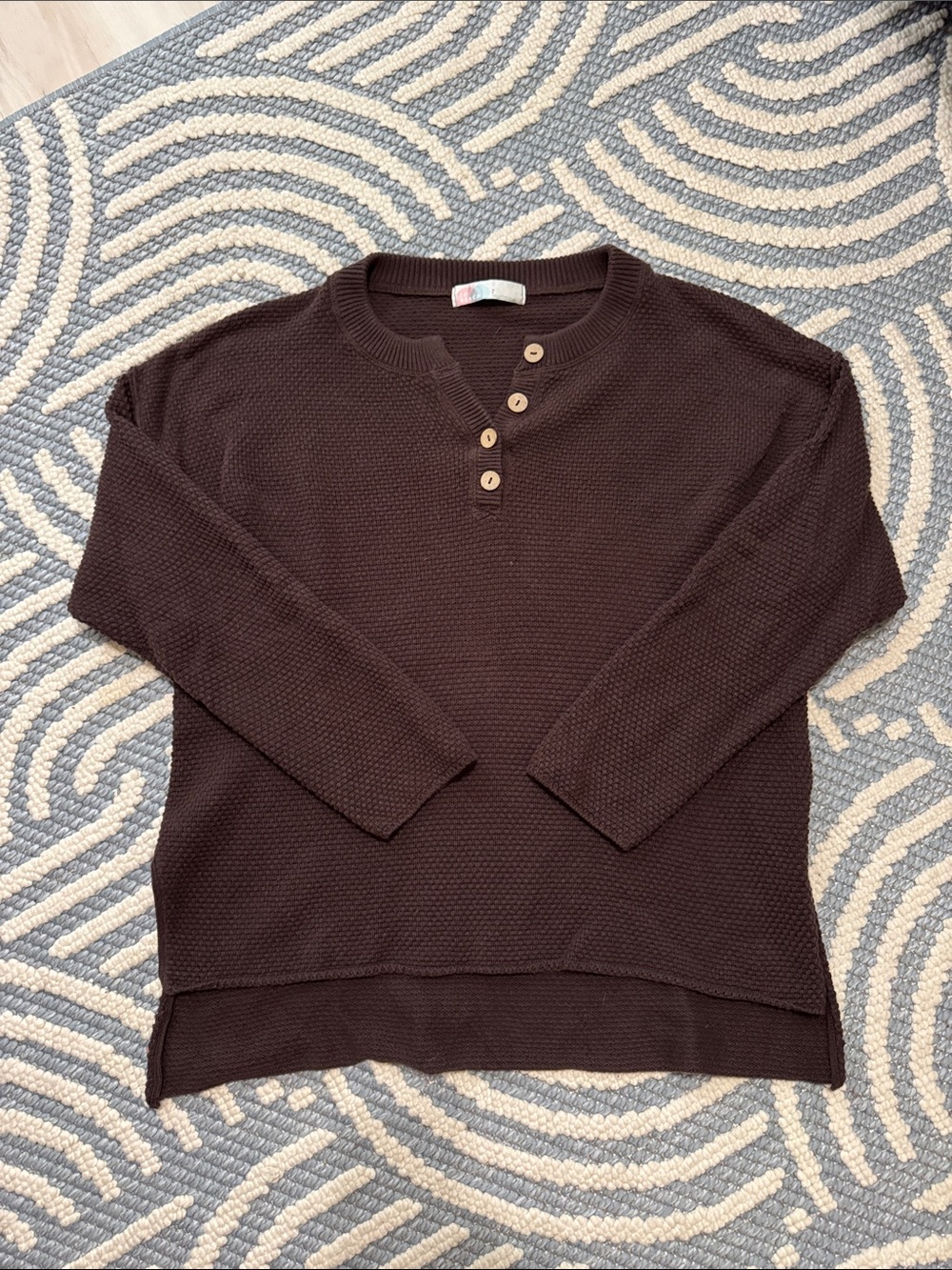 Free People FP Beach Hailee Waffle Knit Henley Oversized Sweater Brown
